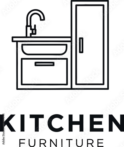 This elegant line art logo showcases essential kitchen furniture elements, including a stylish sink cabinet, a functional faucet, a handy drawer, and a slender storage unit, ideal for modern branding.