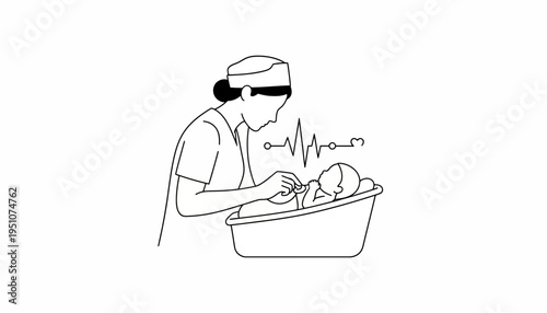 Nurse monitoring newborn baby's vital signs with heart monitor in hospital nursery