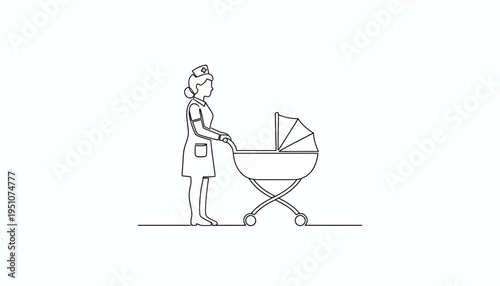 Nurse pushing a baby stroller, single line drawing, medical care, newborn, maternity