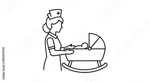 Nurse with Newborn Baby in Cradle, Healthcare, Maternity, Caregiver Icon
