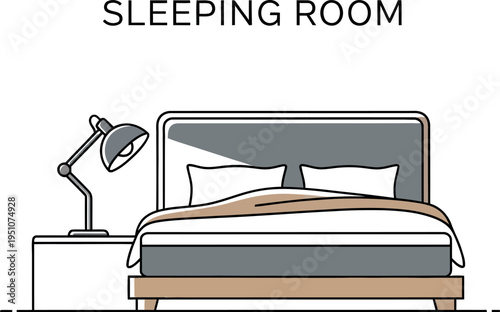 Modern minimalist line art illustration featuring a comfortable sleeping room with a bed, pillows, and a blanket alongside a nightstand boasting an illuminated desk lamp, perfect for relaxation.