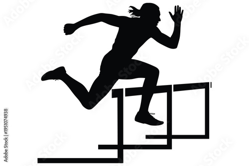 Black silhouette of person jumping over hurdle on white background