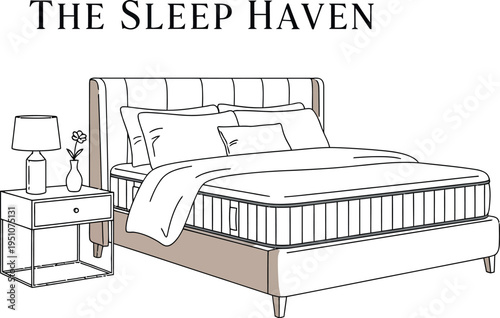 Charming minimalist illustration of a comfortable bed with a beige headboard, pristine white bedding, and a stylish bedside table with a lamp and flower vase, evoking a serene bedroom atmosphere.