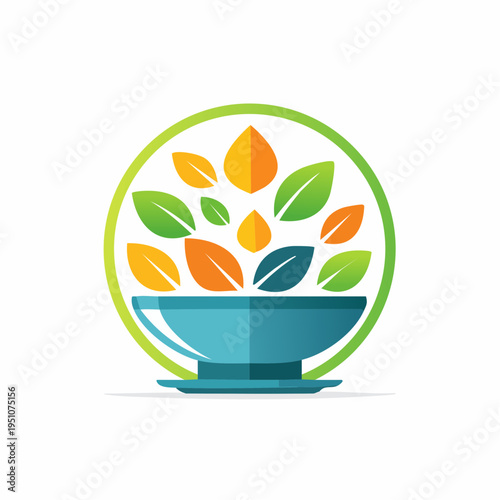 Healthy Organic Food Restaurant Logo Design with Green Leaves and Bowl