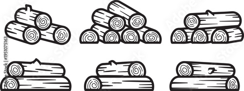 Six distinct arrangements of logs in a black and white illustration. Vector