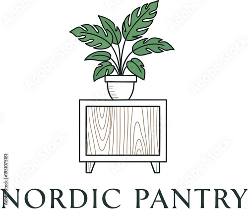 This elegant minimalist logo showcases a vibrant potted plant sitting atop a clean, light wooden cabinet, accompanied by the brand name 'Nordic Pantry,' conveying modern, natural home aesthetics.