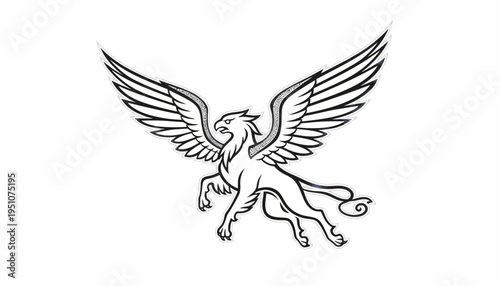 Mythical Griffin Flying with Wings Spread - Stylized Line Art Illustration
