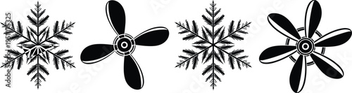 Snowflake and fan blade silhouette collection, winter ice crystal shapes and propeller icons, decorative cold season symbols set