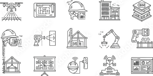 Building information modeling and smart construction technology line icons set with BIM software, drone surveying, robotic automation and digital engineering outline vector collection