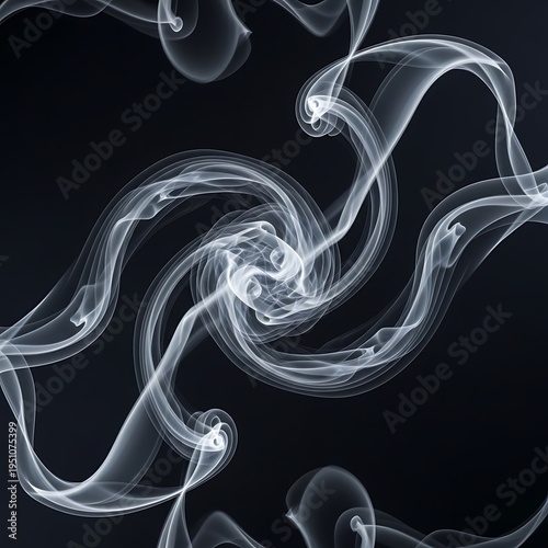 Symmetrical white smoke trails swirl dynamically against a dark background
