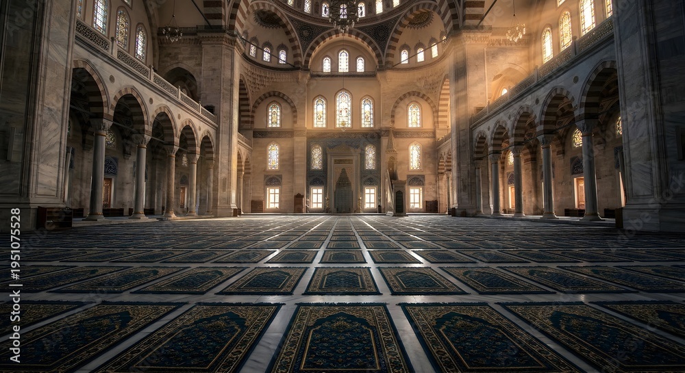 Fototapeta premium Interior Perspective of an Empty Mosque Prayer Hall with Blue Patterned Rugs