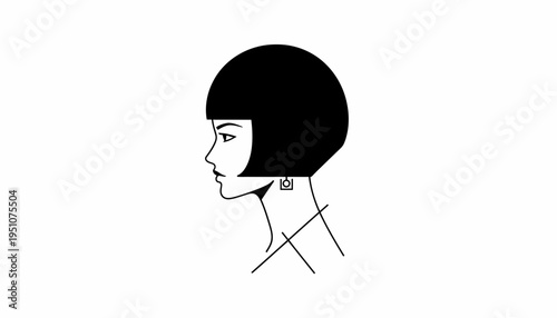 Minimalist line art of a woman with a bob haircut and earring, profile view, black and white