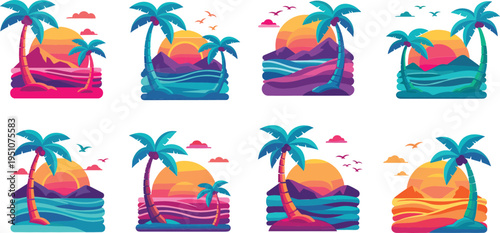 Tropical sunset beach vector illustration set with palm trees, ocean waves and colorful island landscapes, summer vacation paradise scenes collection design