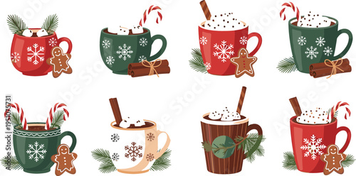 Christmas hot cocoa mugs vector illustration set with candy cane, gingerbread cookie and cinnamon, festive winter holiday drink collection design