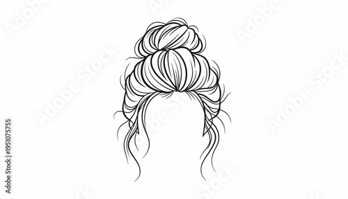 Messy Bun Hairstyle Drawing, Elegant Updo, Loose Strands, Minimalist Line Art