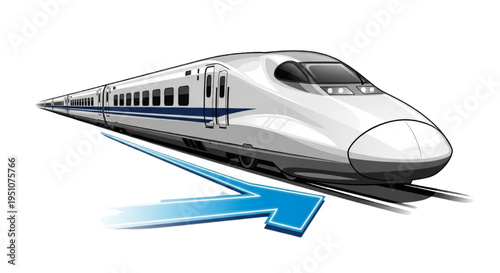 Sleek modern high-speed train illustration with dynamic arrow representing rapid transportation and advanced travel technology