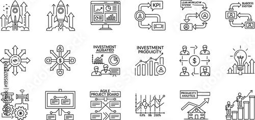 Business growth and investment strategy line icons set with startup launch, KPI metrics, financial planning and market success outline vector collection