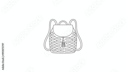 Minimalist backpack line art icon, simple outline drawing of a woven backpack with tassel, isolated on white background.