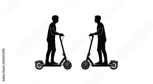Two men riding electric scooters facing each other in a silhouette