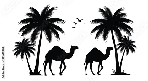 Silhouette of camels walking beneath palm trees on a white background