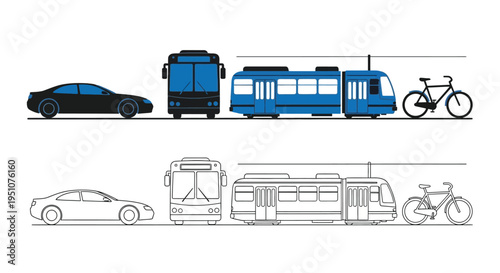 Simplified illustration of public and private transportation vehicles in profile