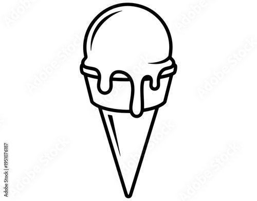 Minimalist Ice Cream Cone Vector Illustration with Melting Scoop, Outline Icon of Sweet Summer Dessert Isolated on White Background for Food Design and Culinary Graphics.