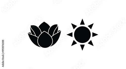 Black and white graphic depicting a lotus flower and the sun