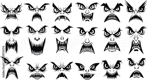 scary monster face collection, creepy halloween horror expressions set, evil skull and demon faces, spooky vector illustration icons, dark tattoo style