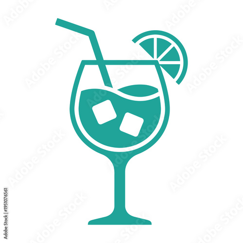 Teal cocktail glass with ice cubes straw and lemon slice on white background