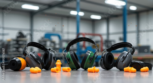 Variety of hearing protection gear in industrial workshop. Earmuffs and earplugs for noise reduction in factory. Personal protective equipment for occupational safety