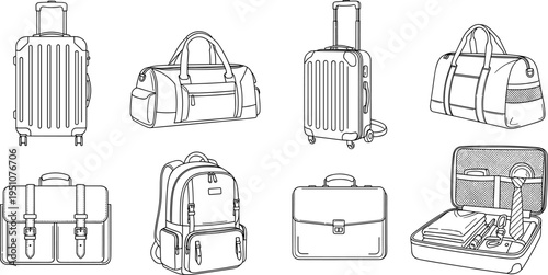 Travel luggage and bags icon set featuring rolling suitcases, duffel bags, business briefcase, school backpack, and open suitcase with packed clothes.