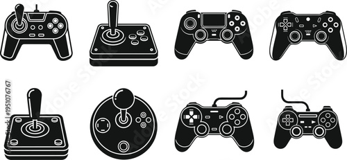 Video game controller silhouette icon set featuring retro joysticks and modern gamepads for gaming console entertainment and digital arcade interface design elements.