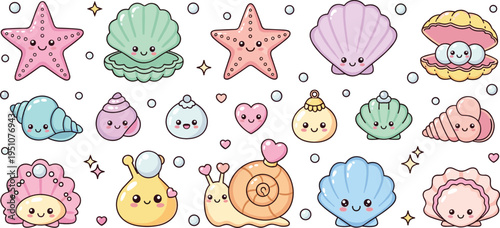 Cute kawaii ocean animals vector illustration with seashells, starfish, snail and marine creatures, pastel underwater cartoon collection for kids design