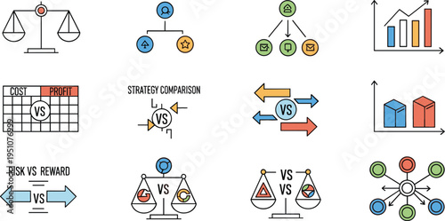 Business strategy comparison and decision analysis icon set featuring risk versus reward balance growth charts performance evaluation and strategy selection concepts