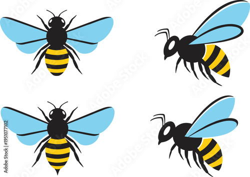colorful bee vector set, flying honey bee illustration, cartoon insect design, pollinator icon collection, blue wing bee graphic