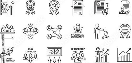 Career development and professional skills line icons set with leadership, certification, teamwork, training, promotion and business growth outline vector collection
