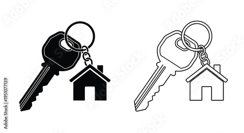 Black and white illustration of house keys with home shaped keychains