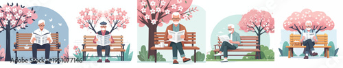 vector of a grandfather sitting on a park bench reading a newspaper during spring