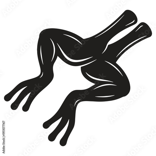 A detailed black silhouette illustration depicts the muscular hind legs and webbed feet of a frog in a dynamic jumping or leaping pose isolated on a clear background