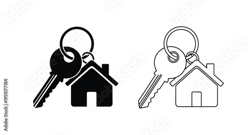 Black and white line art of keys with house shapes attached