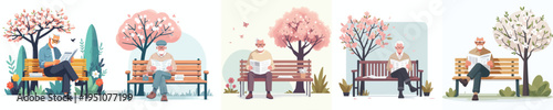 vector of a grandfather sitting on a park bench reading a newspaper during spring