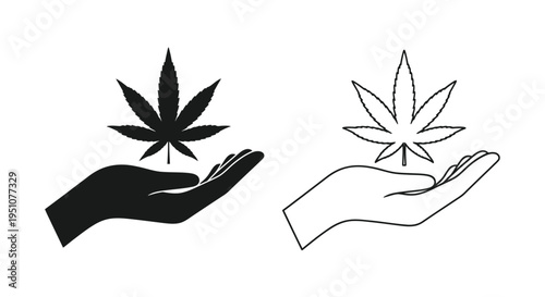 Hands holding cannabis leaves in contrasting black and white designs