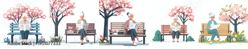 vector of a grandmother sitting on a park bench reading a newspaper during spring