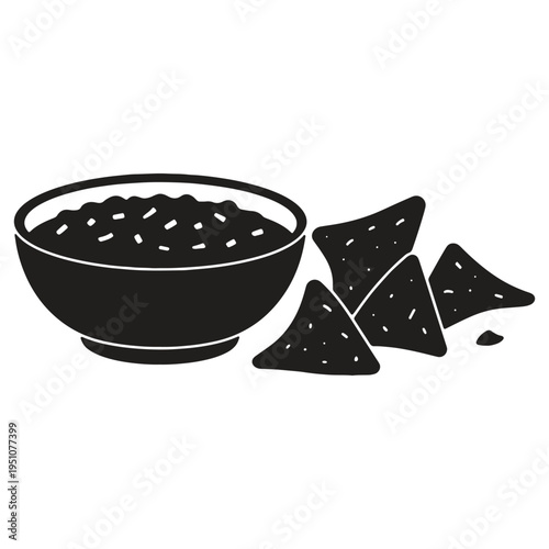 A simple black and white graphic illustration of a bowl filled with salsa and several tortilla chips scattered around it on a plain white background depicting a popular snack food