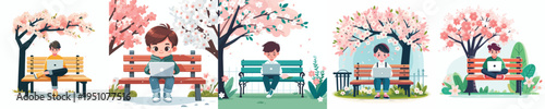 vector of a little boy sitting on a park bench with a laptop during spring