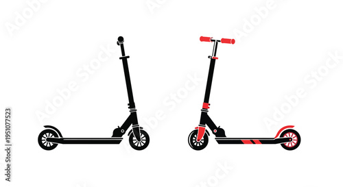 Two scooters displayed in profile view one black and one red and black