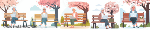 vector of a grandmother sitting on a park bench with a laptop during spring
