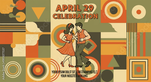 Vibrant geometric pattern with dancing couple celebrating april 20 festive background with abstract shapes and colors