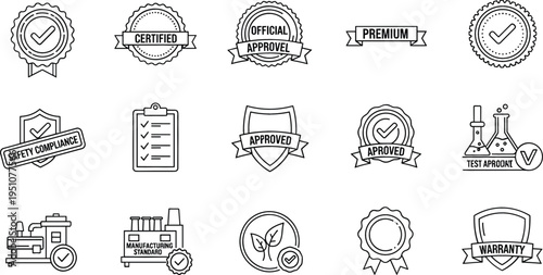 Certification and quality guarantee badges line icons set with approved, premium, verified, warranty and industry certification symbols outline vector collection