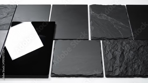 Collection of Black Slate Plates and Glossy Black Surface Arranged on White Background
